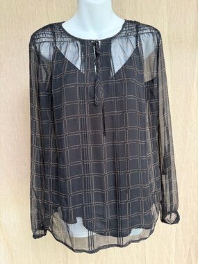 Sheer Black Windowpane Tie-Neck Blouse